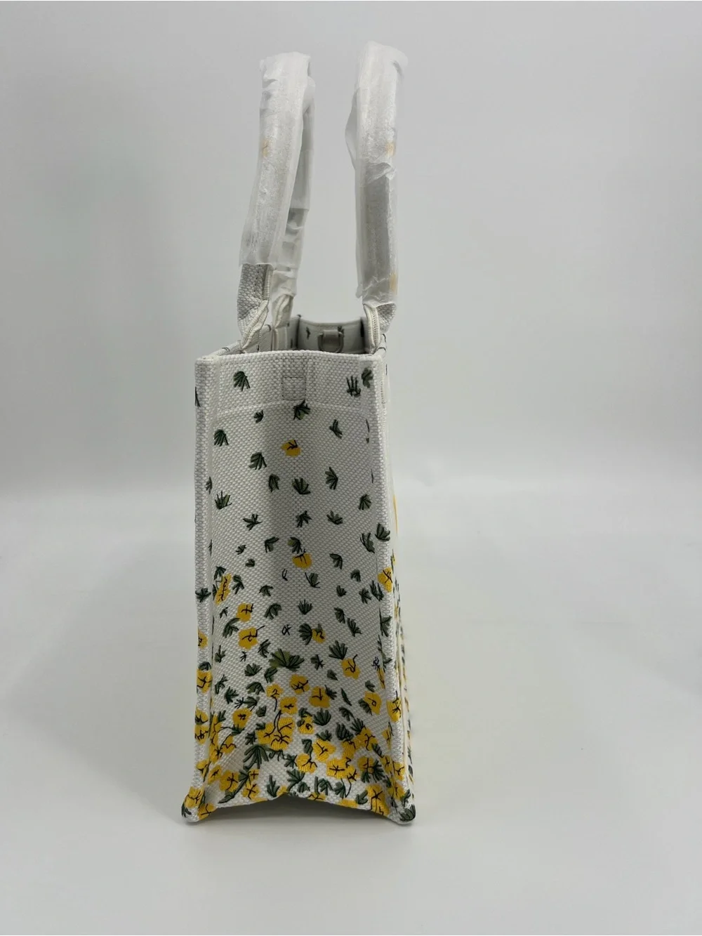 Medium Canvas White Floral Embroidered Book Tote with Yellow Accents